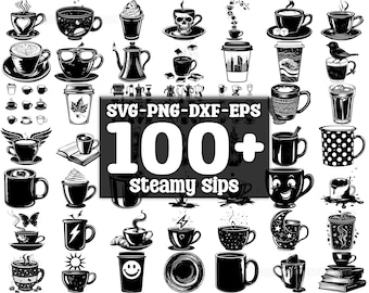 以下が含まれることがあります： コーヒーカップ、ティーカップ、その他の飲料容器の白黒イラスト100点以上のコレクション。イラストは、漫画、リアル、抽象など、さまざまなスタイルで描かれています。画像の中央には、「SVG - PNG - DXF - EPS 100+ Steamy Sips」というテキストが表示されています。