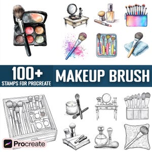 Könnte beinhalten: Ein Set mit über 100 Make-up-Pinsel-Stempeln für Procreate. Das Bild zeigt verschiedene Illustrationen von Make-up-Pinseln, darunter ein Set Pinsel in einem Etui, ein Pinsel auf einem Handtuch, ein Pinsel auf einem Tisch mit einer Kerze und ein Pinsel auf einem Buch. Das Bild enthält auch das Procreate-Logo.