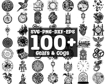May include: A black and white digital download of 100+ SVG, PNG, DXF, and EPS files featuring gears, cogs, and clock designs. The text "SVG-PNG-DXF-EPS 100+ Gears & Cogs" is displayed in the center of the image.