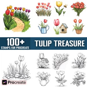 May include: A set of 100+ digital stamps for Procreate featuring various tulip designs. The stamps include tulips in different colors, arrangements, and styles, including bouquets, single tulips, and tulips in pots. The stamps also include various garden elements, such as a birdhouse, watering can, and a fence.