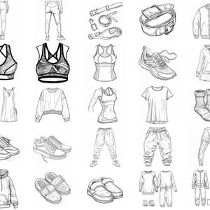 May include: A collection of clothing and accessories, including tops, pants, dresses, shoes, and hats. The items are drawn in a simple, black and white style.