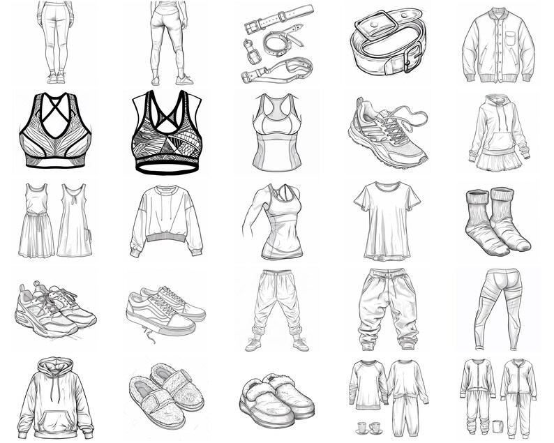 May include: A collection of clothing and accessories, including tops, pants, dresses, shoes, and hats. The items are drawn in a simple, black and white style.