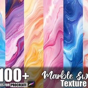 May include: A digital art graphic featuring a collection of marble swirl textures in various colors, including blue, purple, pink, and yellow. The image includes the text "100+ Brushes for Procreate" and "Marble Swirl Texture".