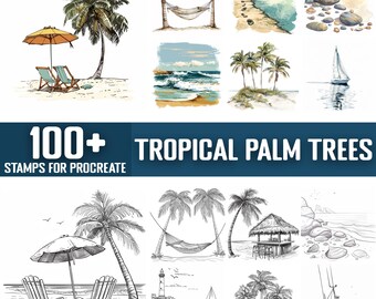 May include: A collection of digital art stamps featuring tropical palm trees, beach scenes, and seaside elements. The image includes illustrations of palm trees, hammocks, beach chairs, and sailboats. Text reads "100+ Tropical Palm Trees Stamps for Procreate."