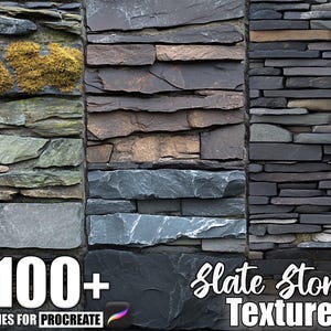 Op de afbeelding: Afbeelding met verschillende leistenen texturen. De afbeelding toont meerdere panelen met verschillende steenarrangementen en kleuren, waaronder grijze, bruine en groene tinten. De tekst "100+ Brushes for Procreate" en "Slate Stone Texture" is ook zichtbaar.