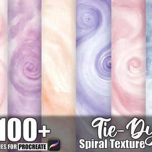 May include: A digital art graphic showcasing tie-dye spiral textures in shades of pink, purple, and blue. The image includes the text "100+ Brushes for Procreate" and "Tie-Dye Spiral Texture".