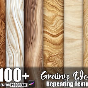 May include: A digital art graphic featuring a variety of wood grain textures in shades of brown, beige, and cream. The image includes the text "100+ Brushes for Procreate" and "Grainy Wood Repeating Texture".