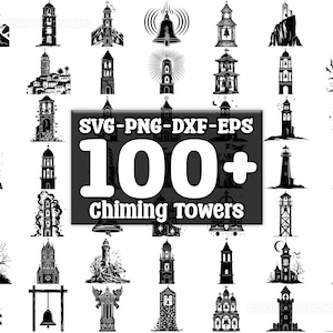 Puede incluir: Un conjunto de ilustraciones digitales en blanco y negro de más de 100 torres sonoras. Las torres son de varios estilos, incluyendo campanarios, campanarios de iglesias y faros. El conjunto incluye archivos SVG, PNG, DXF y EPS.