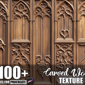 May include: A detailed image of a carved wooden texture with gothic architectural elements. The wood is a warm brown color, and the design includes arches, floral patterns, and a heart shape. Text on the image reads "100+ Carved Wood Texture Brushes for Procreate."