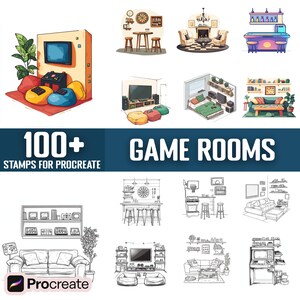 May include: 100+ Game Room Stamps for Procreate. A digital illustration set of 10 different game room designs, including a bar, a living room, a gaming room, and a pool table room. The illustrations are in both color and black and white.