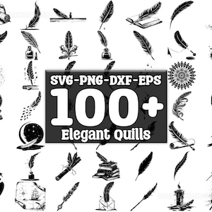 Puede incluir: Una imagen de diseño gráfico en blanco y negro con más de 100 ilustraciones elegantes de plumas. La imagen incluye una variedad de diseños de plumas, incluidos estilos tradicionales, ornamentados y modernos. El texto "SVG-PNG-DXF-EPS 100+ Elegant Quills" se muestra en el centro de la imagen.