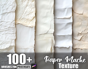 Puede incluir: Una colección de texturas de papel rasgado en varios tonos de blanco y crema. La imagen incluye el texto "100+ Brushes for Procreate" y "Paper Mache Texture". El papel presenta una variedad de texturas, incluyendo bordes arrugados y rasgados.