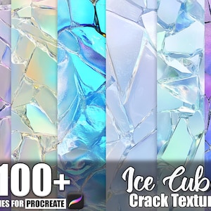 May include: A digital art graphic showcasing ice cube crack textures in shades of blue, purple, and iridescent colours. The image includes the text "100+ Brushes for Procreate" and "Ice Cube Crack Texture".