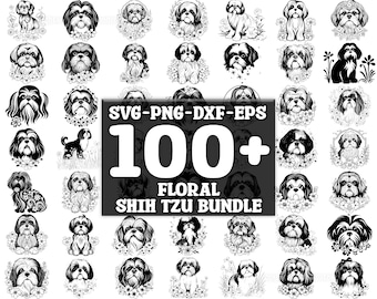 May include: A collection of 100+ black and white SVG, PNG, DXF, and EPS digital cut files featuring Shih Tzu dogs with floral designs.  The text "SVG-PNG-DXF-EPS 100+ FLORAL SHIH TZU BUNDLE" is displayed in the center of the image.