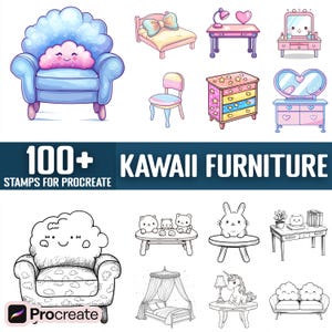 100+ Kawaii Furniture Procreate Stamps, Brushes for Procreate, Instant Digital Download