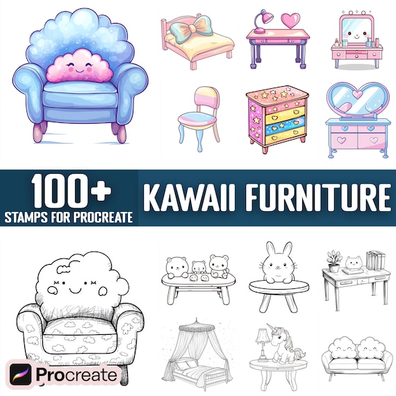 100+ Kawaii Furniture Procreate Stamps, Brushes for Procreate, Instant Digital Download