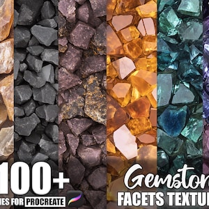 May include: A digital art product featuring a collection of gemstone facet textures. The image showcases various colors, including gold, black, purple, and green, with the text "100+ Brushes for Procreate" and "Gemstone Facets Textures".