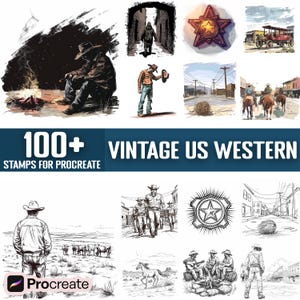 100+ Vintage US Western Procreate Stamps, Brushes for Procreate, Instant Digital Download