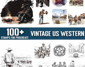 100+ Vintage US Western Procreate Stamps, Brushes for Procreate, Instant Digital Download