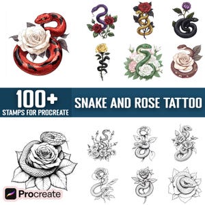 Könnte beinhalten: Ein Set mit über 100 digitalen Stempeln für Procreate mit Schlangen- und Rosen-Tattoo-Designs. Die Stempel umfassen Schwarzweiß-Linienkunst und farbige Illustrationen von Schlangen und Rosen in verschiedenen Posen und Stilen.