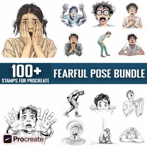 May include: A digital illustration bundle of 100+ fearful poses for use with the Procreate app. The illustrations are in black and white and feature a variety of characters in different poses, including a person with their hands over their face, a person looking over their shoulder, and a person with their hands raised in the air. The text "100+ FEARFUL POSE BUNDLE" and "STAMPS FOR PROCREATE" is included in the image.