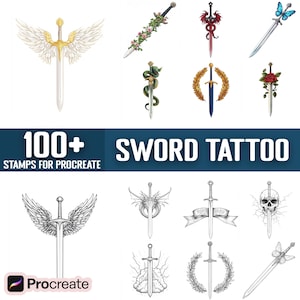 100+ Sword Tattoo Procreate Stamps, Brushes for Procreate, Instant Digital Download