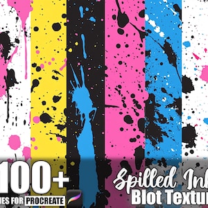 May include: A vibrant digital art graphic featuring colorful paint splatters in pink, black, yellow, blue, and white. The image includes the text "100+ Brushes for Procreate" and "Spilled Ink Blot Texture".