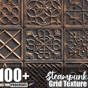 May include: A digital art product showcasing a variety of steampunk-inspired grid textures. The image displays square designs with detailed, metallic patterns in bronze and dark brown hues. Text reads "100+ Brushes for Procreate" and "Steampunk Grid Texture."