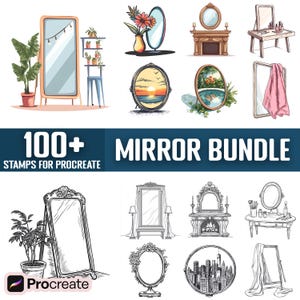 May include: A set of 100+ digital stamps for Procreate featuring various mirror designs. The stamps include mirrors with ornate frames, simple frames, and mirrors with reflections of landscapes, cityscapes, and flowers.