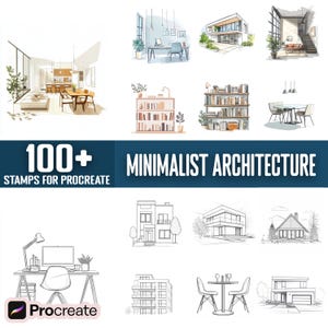 Könnte beinhalten: Ein Set mit über 100 minimalistischen Architektur-Stempeln für Procreate, eine digitale Kunst-App. Die Stempel zeigen verschiedene architektonische Elemente, darunter Häuser, Möbel und Innendesign-Details. Die Stempel sind in einem einfachen, modernen Stil gestaltet und eignen sich perfekt zum Erstellen von Architektur-Illustrationen und -Designs.