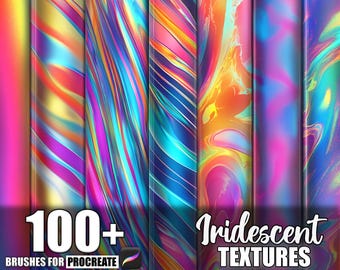 May include: A collection of iridescent textures in vibrant colors, including pink, orange, blue, and purple. The image features the text "100+ Brushes for Procreate" and "Iridescent Textures".