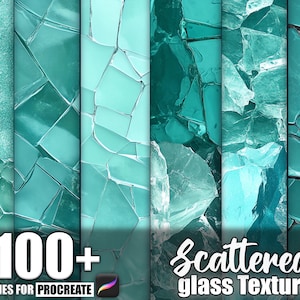 May include: A digital art graphic featuring a collection of teal and turquoise scattered glass textures. The image includes the text "100+ Brushes for Procreate" and "Scattered glass Texture". The textures vary in pattern and shade.