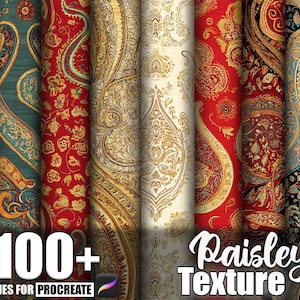 Può includere: Una collezione di disegni di texture paisley colorati. L'immagine mostra vari rotoli di tessuto con motivi intricati in tonalità di rosso, oro, verde acqua e crema. Il testo sull'immagine recita "100+ Brushes for Procreate" e "Paisley Texture."