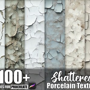 May include: A digital art graphic featuring a collection of textures with a cracked porcelain effect. The image displays various color palettes, including white, gray, and blue, with the text "100+ Brushes for Procreate" and "Shattered Porcelain Texture".