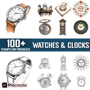 May include: A set of 100+ hand-drawn watch and clock illustrations for Procreate. The illustrations feature a variety of styles, including vintage, modern, and whimsical. The set includes both analog and digital clocks, as well as pocket watches and wristwatches.