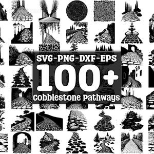 May include: A collection of 100+ black and white vector illustrations of cobblestone pathways. The illustrations feature various designs and styles, including straight paths, curved paths, and paths with trees and other landscaping elements.  SVG - PNG - DXF - EPS.