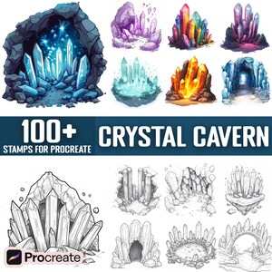 May include: A set of 100+ digital stamps for Procreate featuring colorful and black and white illustrations of crystal caves. The stamps include various shapes and sizes of crystals, cave formations, and backgrounds.