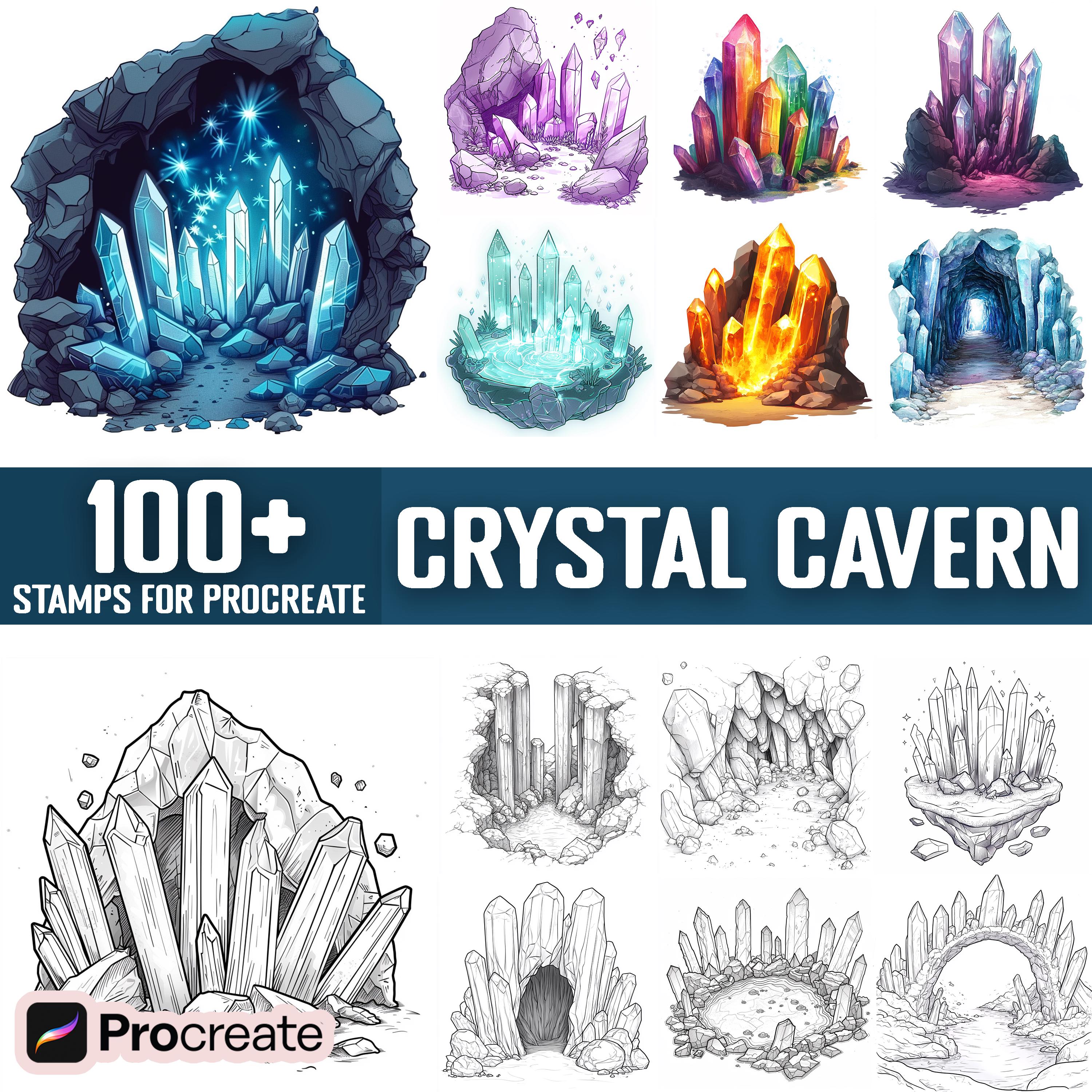 100+ sellos y pinceles Procreate Crystal Cavern – Cristales, gemas y cuevas de fantasía (descarga instantánea)