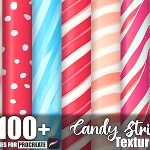 Könnte beinhalten: Eine Sammlung farbenfroher Candy-Streifen-Texturen, darunter rot-weiße Streifen, rosa-weiße Streifen und rot mit weißen Punkten. Das Bild enthält auch den Text "100+ Brushes for Procreate" und "Candy Stripe Texture."
