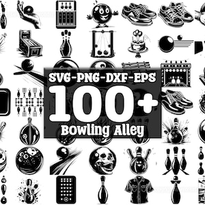 May include: A black and white digital download of 100+ bowling alley themed SVG, PNG, DXF, and EPS files. The image features a variety of bowling-related icons, including bowling pins, bowling balls, bowling shoes, and a bowling alley sign.