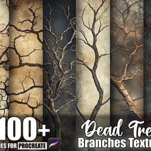 Puede incluir: Una colección de arte digital con varias texturas de ramas de árboles muertos. La imagen muestra múltiples paneles con diferentes combinaciones de colores, incluyendo marrón, beige y gris. El texto dice "100+ Brushes for Procreate" y "Dead Tree Branches Texture."