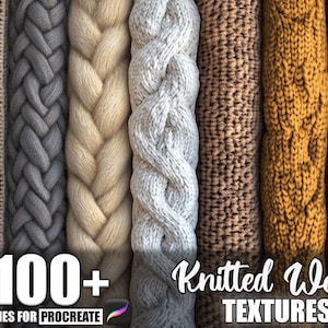 May include: A collection of knitted wool textures in various colors, including beige, gray, cream, brown, and mustard yellow. The image features different knitting patterns, such as cable knit and ribbed designs. Text on the image reads "100+ Brushes for Procreate" and "Knitted Wool TEXTURES."