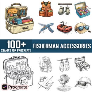 May include: A set of 100+ digital stamps for Procreate featuring illustrations of fishing accessories. The stamps include a tackle box, fishing vest, fishing rod, fishing reel, fishing gloves, a life preserver, a fishing lure, a fishing net, a fishing hat, and more.