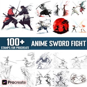 May include: A digital illustration set of 100+ anime sword fight stamps for Procreate. The stamps feature characters in various poses, including fighting, running, and jumping. The set includes a variety of sword styles and backgrounds.