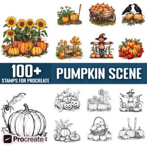 May include: A set of 100+ digital stamps for Procreate featuring various pumpkin scenes. The stamps include pumpkins, scarecrows, crows, bridges, and other autumn-themed elements. The stamps are in black and white line art style.