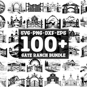 Pode incluir: Uma coleção de mais de 100 arquivos vetoriais SVG, PNG, DXF e EPS em preto e branco que apresentam vários designs de portões e ranchos. Os designs incluem portões, cercas, arcos e outros elementos com temática de rancho.