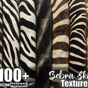 Può includere: Una collezione di texture di pelle di zebra in varie tonalità di nero, marrone e beige. L'immagine include il testo "100+ Brushes for Procreate" e "Zebra Skin Texture". Le texture sono disposte verticalmente, mostrando i diversi motivi e colori delle pelli di zebra.