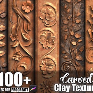 Puede incluir: Una colección de texturas de arcilla tallada en tonos marrón y bronce. La imagen presenta diseños florales y de hojas, con el texto "100+ Brushes for Procreate" y "Carved Clay Texture". Adecuado para arte digital.