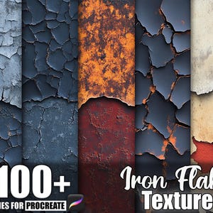 Può includere: Grafica di arte digitale con sfondi strutturati con un effetto di vernice scrostata e invecchiata. La tavolozza dei colori comprende sfumature di grigio, blu, arancione e rosso. Il testo recita "100+ Brushes for Procreate" e "Iron Flake Texture."