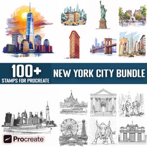 May include: A digital stamp bundle for Procreate featuring over 100 illustrations of New York City landmarks, including the Empire State Building, the Statue of Liberty, and the Brooklyn Bridge. The stamps are in black and white and color.